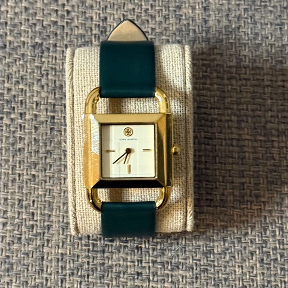 Tory Burch Green Leather Strap Gold-Tone Square Watch